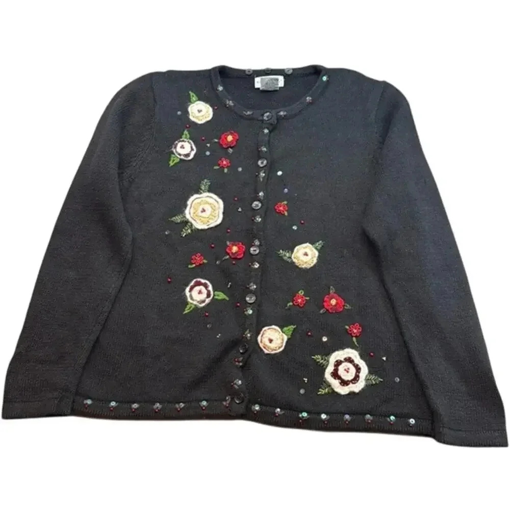 Vintage Women's White Stag Embroidered‎ Floral Christmas Holiday Cardigan XL
